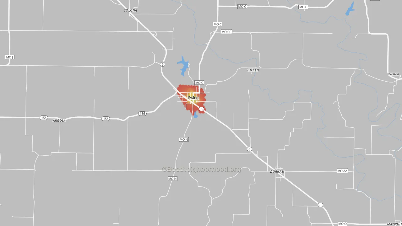 Walk Grade map of Ewing, MO, walkable areas in green and car-dependent areas in red