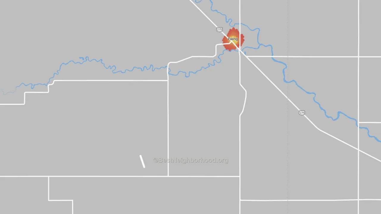 Walk Grade map of Ewing, NE, walkable areas in green and car-dependent areas in red