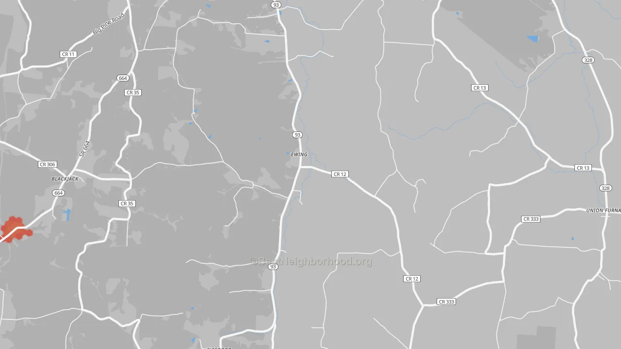 Walk Grade map of Ewing, OH, walkable areas in green and car-dependent areas in red
