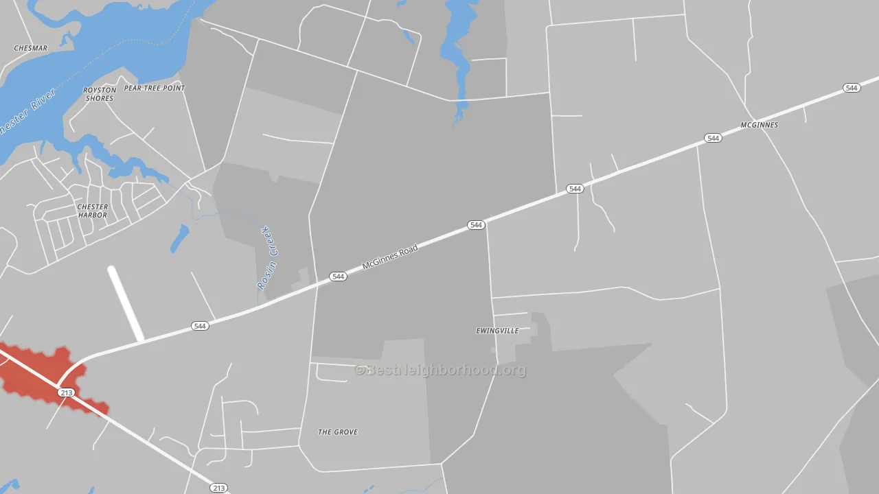 Walk Grade map of Ewingville, MD, walkable areas in green and car-dependent areas in red
