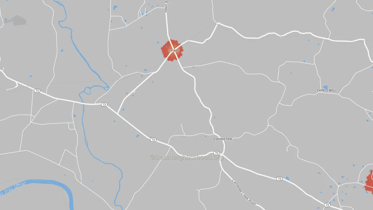 Walk Grade map of Ex-Way, NC, walkable areas in green and car-dependent areas in red