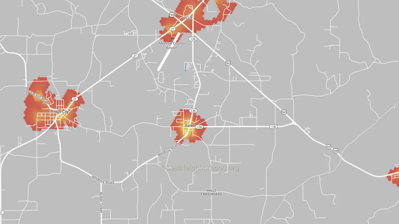 Walk Grade map of Excel, AL, walkable areas in green and car-dependent areas in red