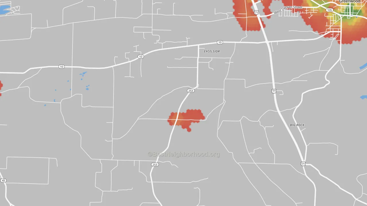Walk Grade map of Excelsior, AR, walkable areas in green and car-dependent areas in red