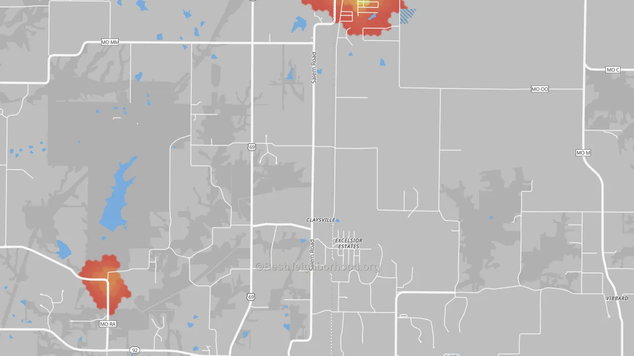 Walk Grade map of Excelsior Estates, MO, walkable areas in green and car-dependent areas in red