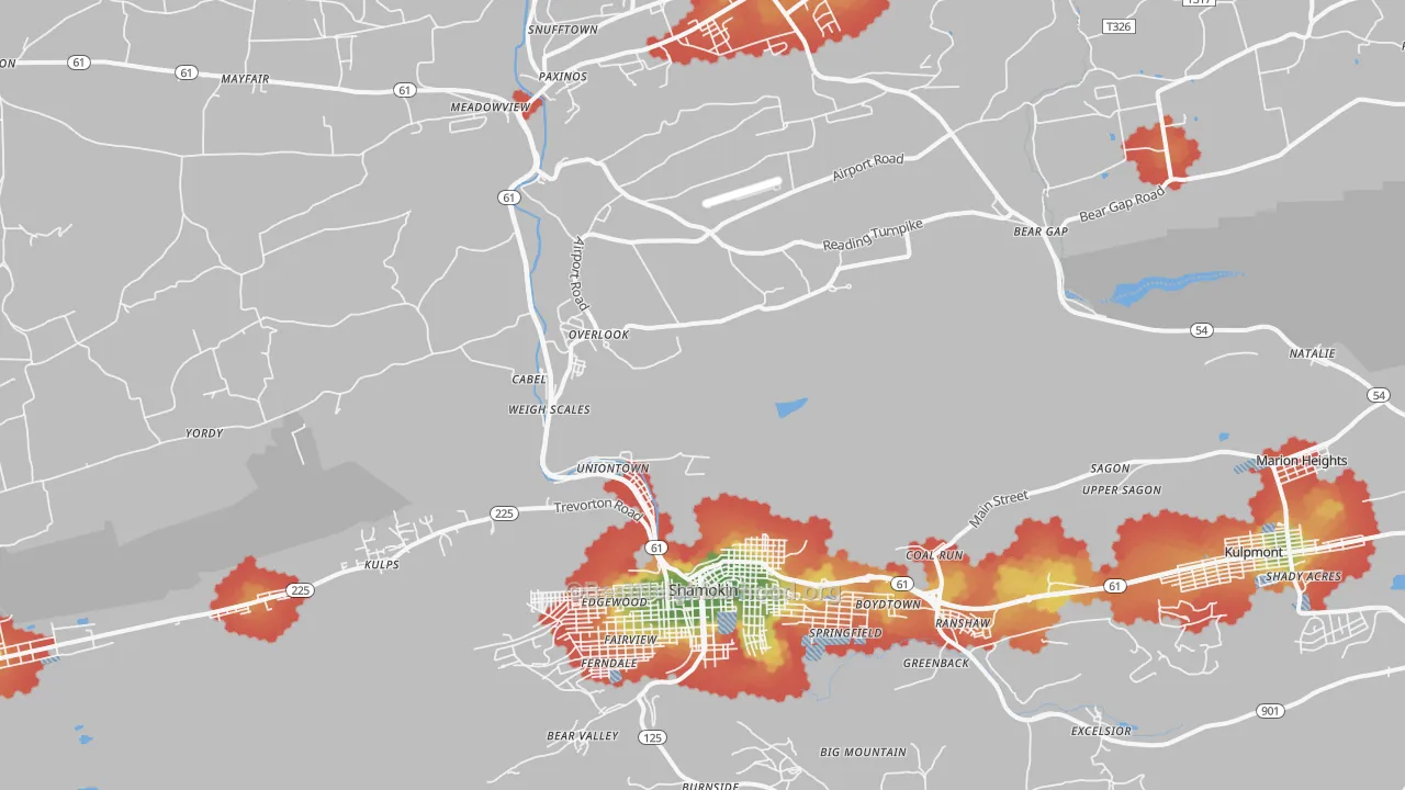 Walk Grade map of Excelsior, PA, walkable areas in green and car-dependent areas in red