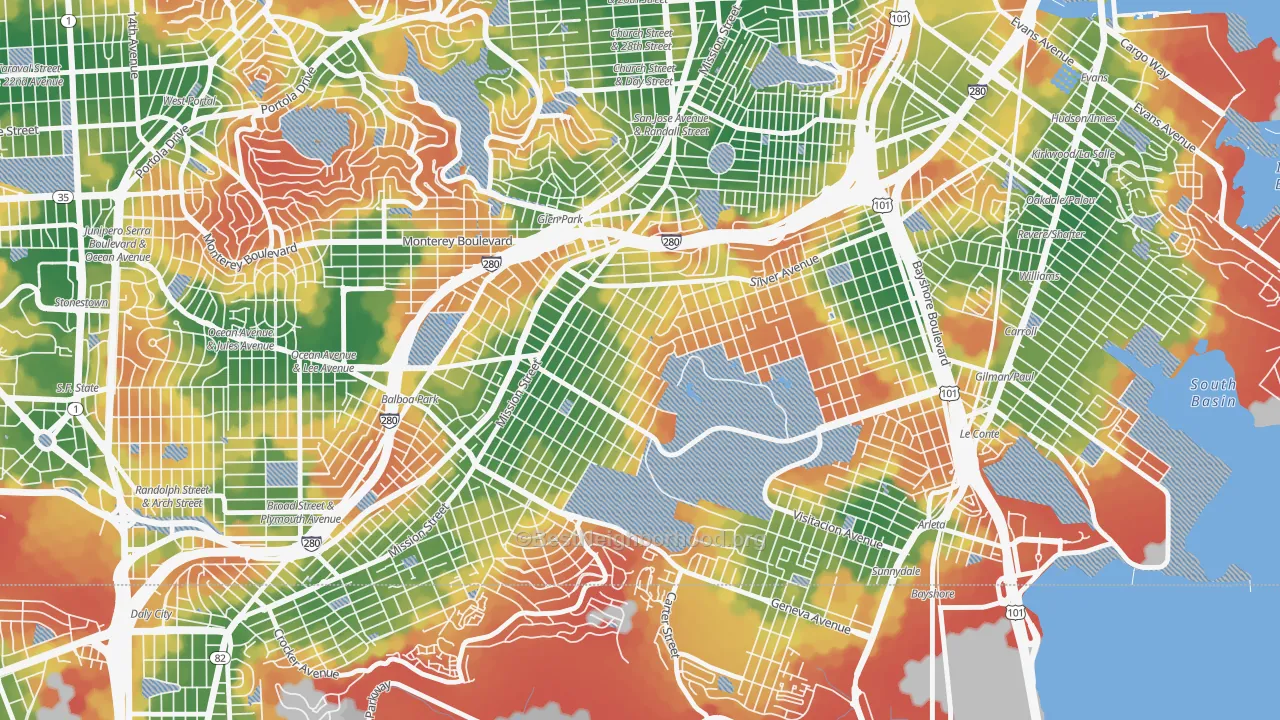 Walk Grade map of Excelsior, San Francisco, CA, walkable areas in green and car-dependent areas in red