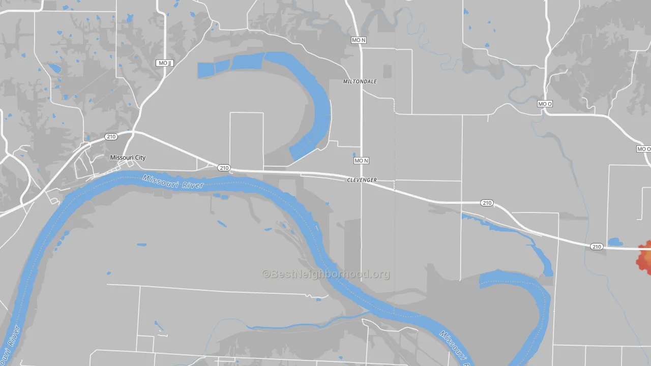 Walk Grade map of Excelsior Springs Junction, MO, walkable areas in green and car-dependent areas in red