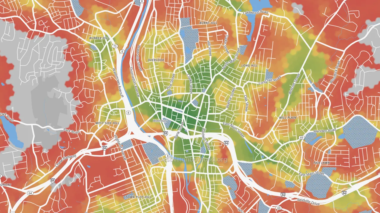 Walk Grade map of Exchange Place, Waterbury, CT, walkable areas in green and car-dependent areas in red