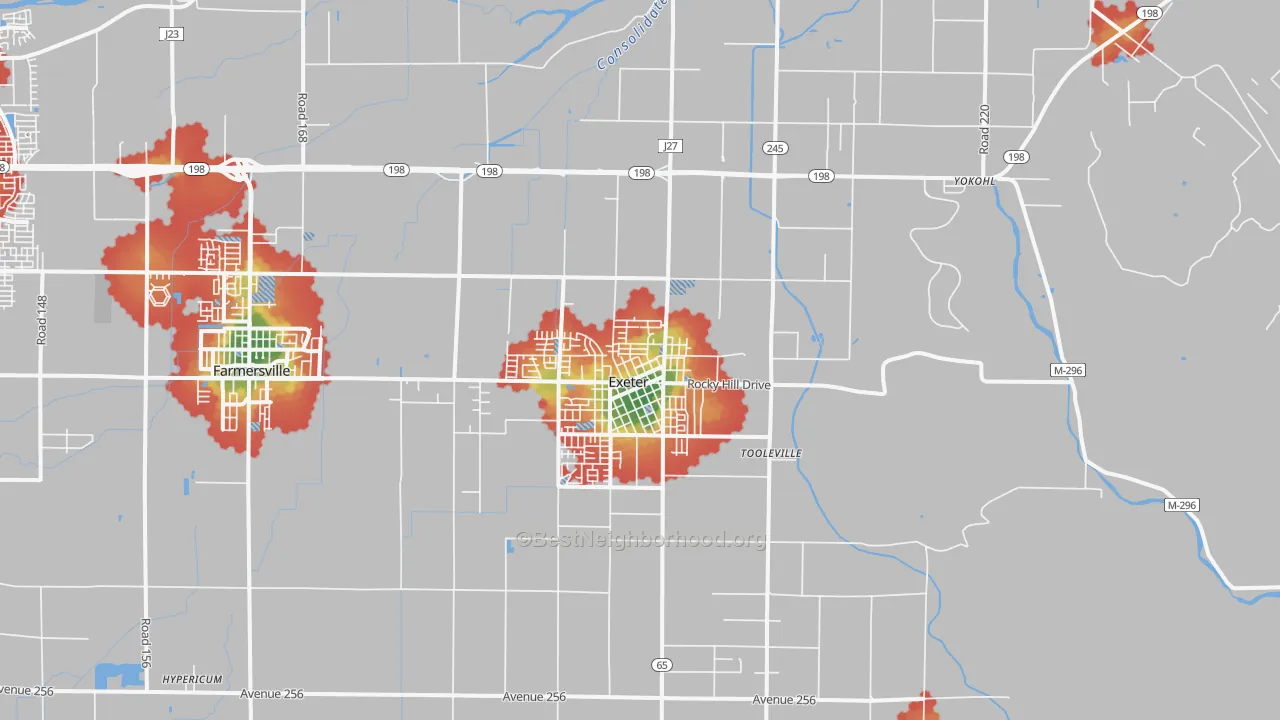 Walk Grade map of Exeter, CA, walkable areas in green and car-dependent areas in red