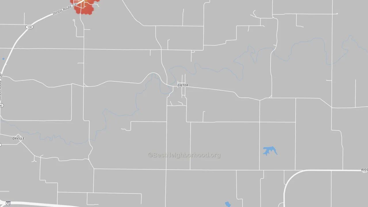 Walk Grade map of Exeter, IL, walkable areas in green and car-dependent areas in red