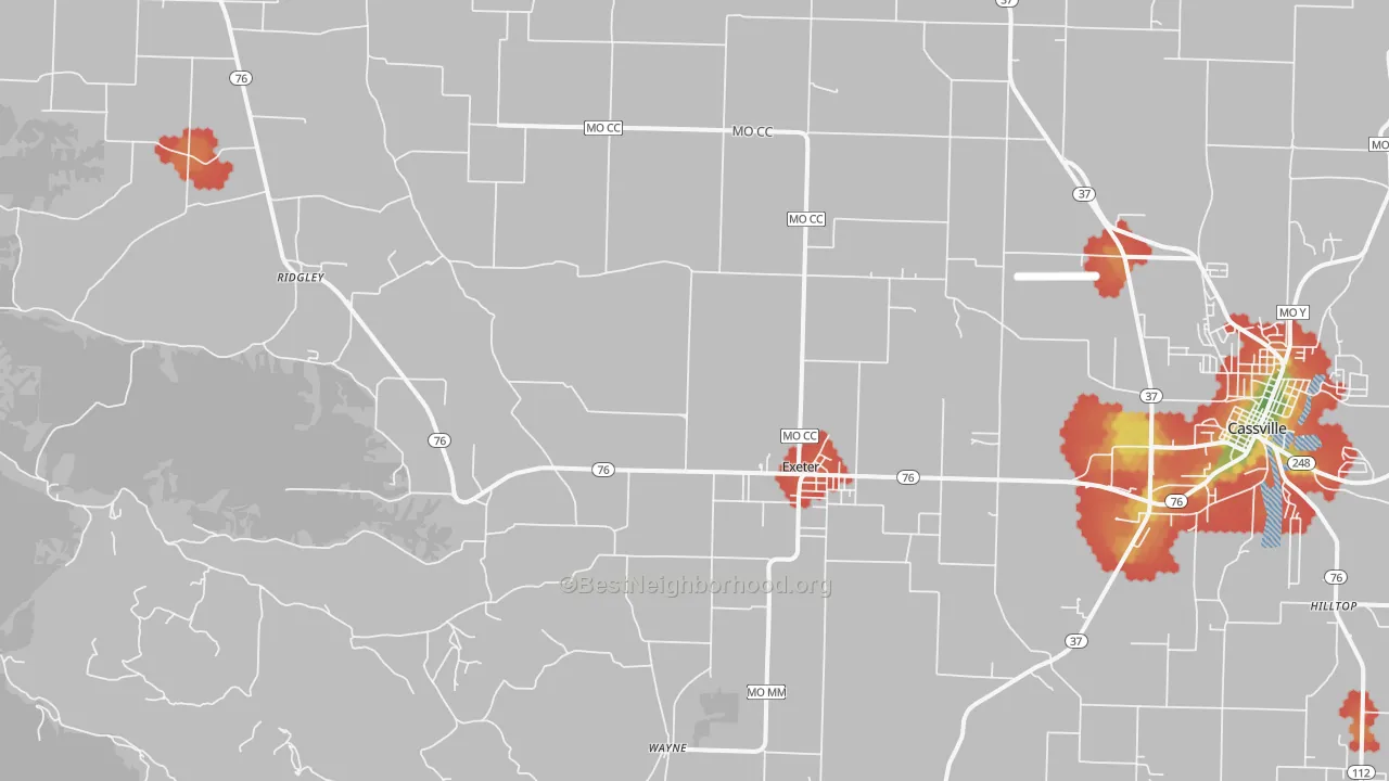 Walk Grade map of Exeter, MO, walkable areas in green and car-dependent areas in red