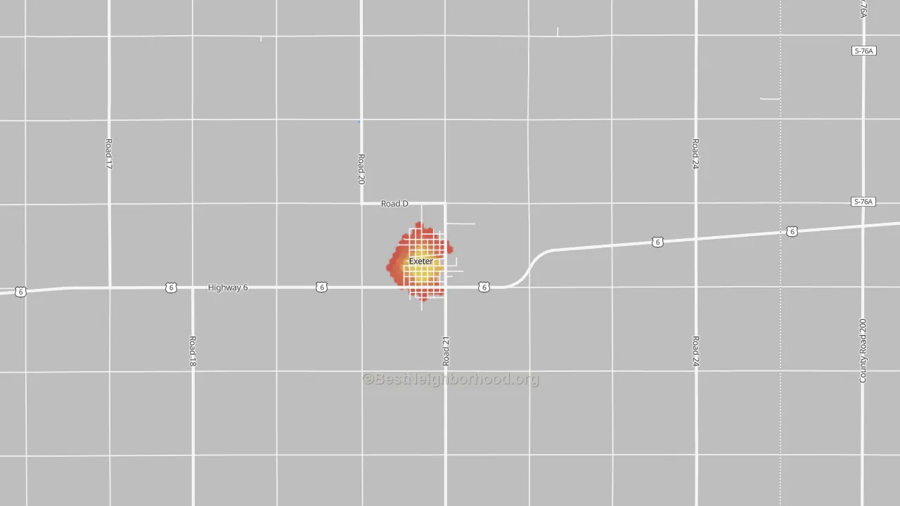 Walk Grade map of Exeter, NE, walkable areas in green and car-dependent areas in red