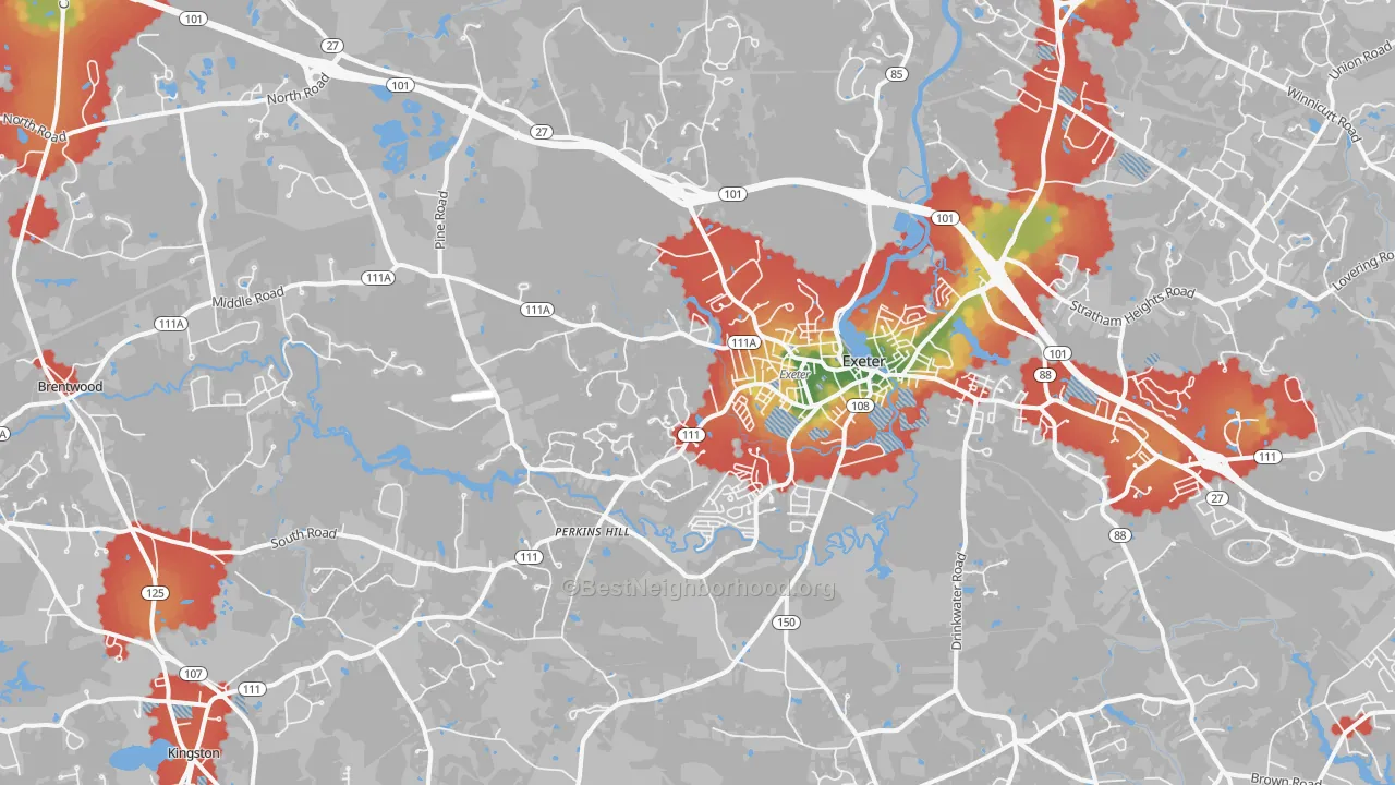 Walk Grade map of Exeter, NH, walkable areas in green and car-dependent areas in red
