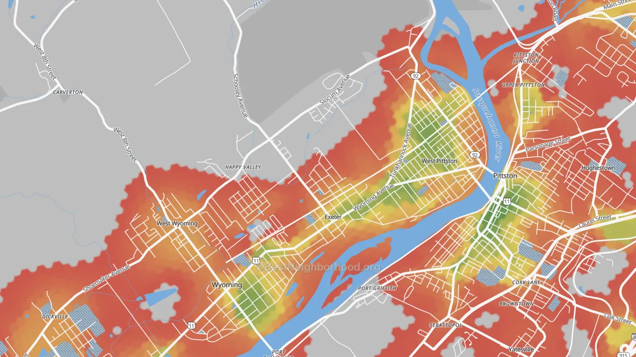 Walk Grade map of Exeter, PA, walkable areas in green and car-dependent areas in red