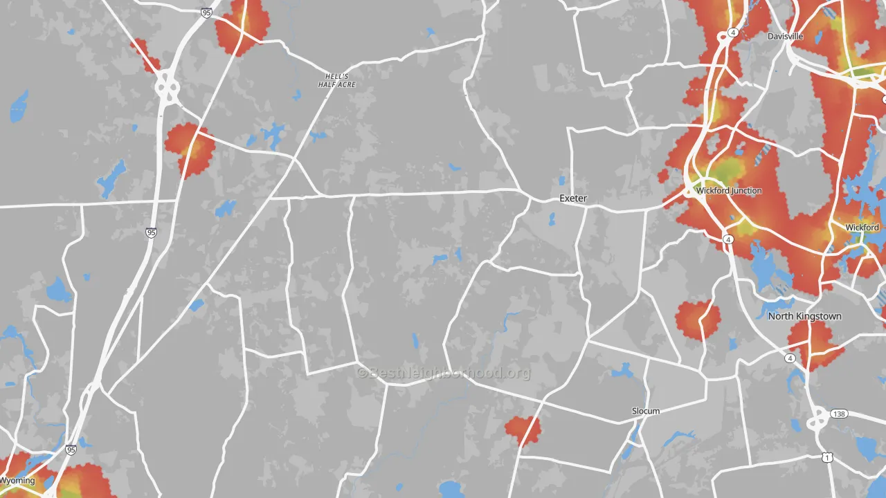 Walk Grade map of Exeter, RI, walkable areas in green and car-dependent areas in red