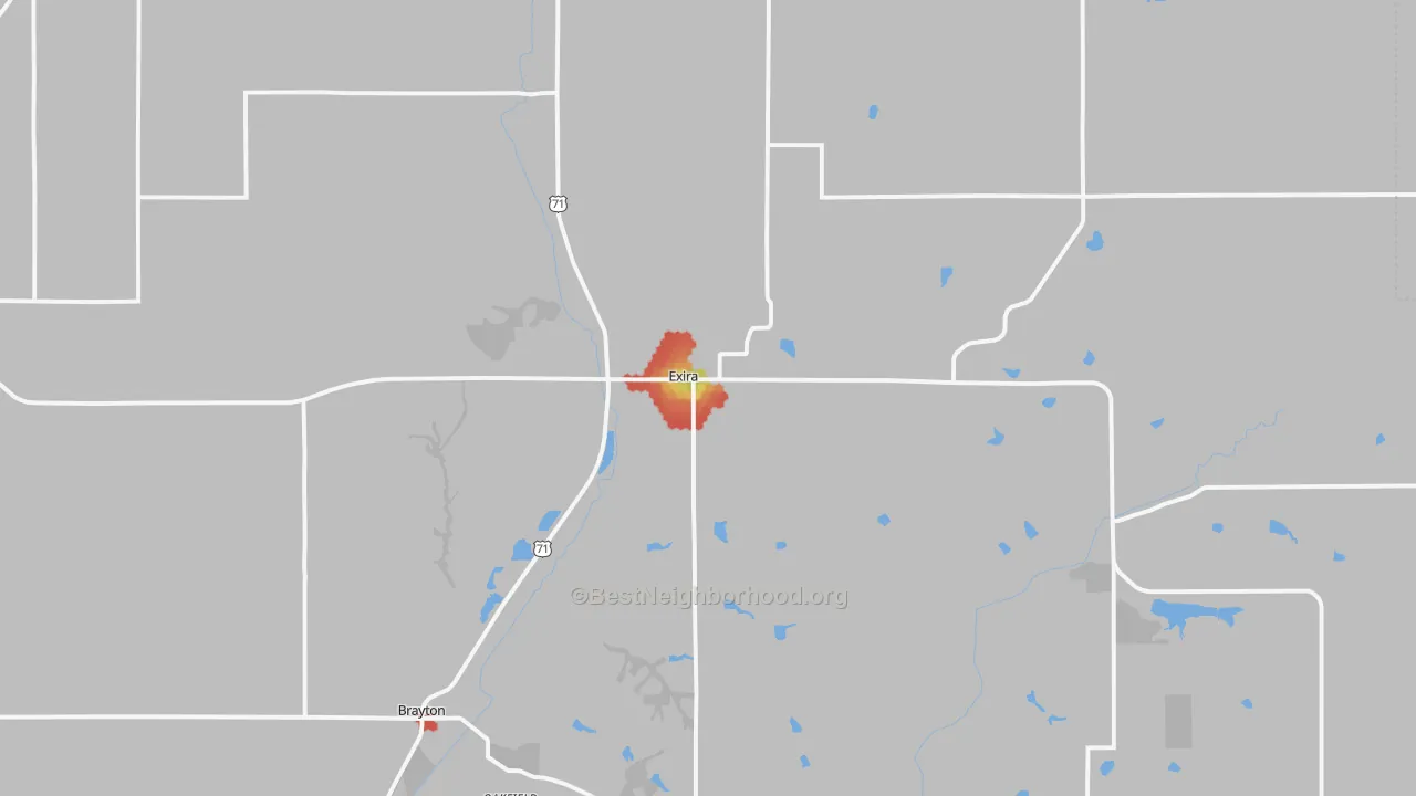 Walk Grade map of Exira, IA, walkable areas in green and car-dependent areas in red