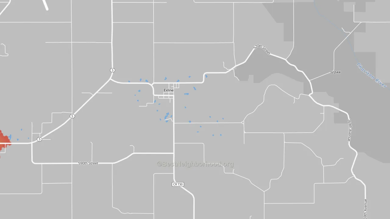 Walk Grade map of Exline, IA, walkable areas in green and car-dependent areas in red