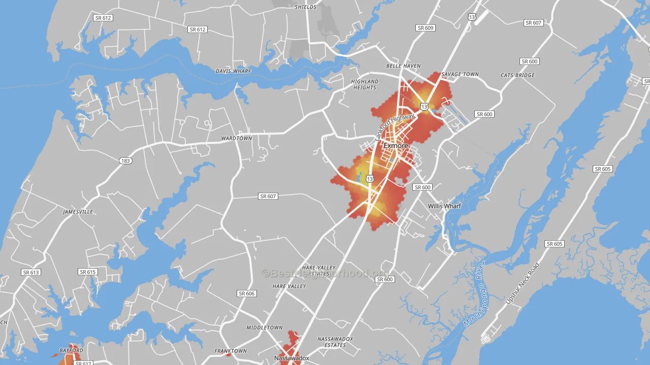 Walk Grade map of Exmore, VA, walkable areas in green and car-dependent areas in red