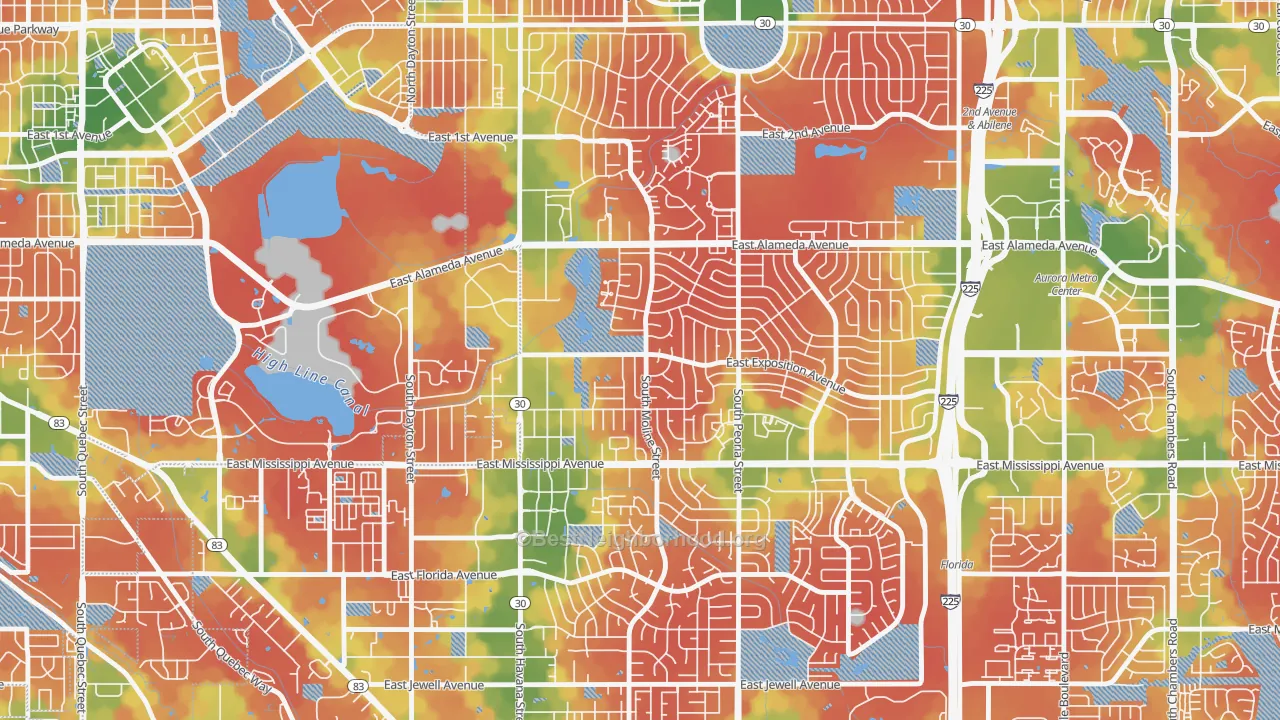 Walk Grade map of Expo Park, Aurora, CO, walkable areas in green and car-dependent areas in red