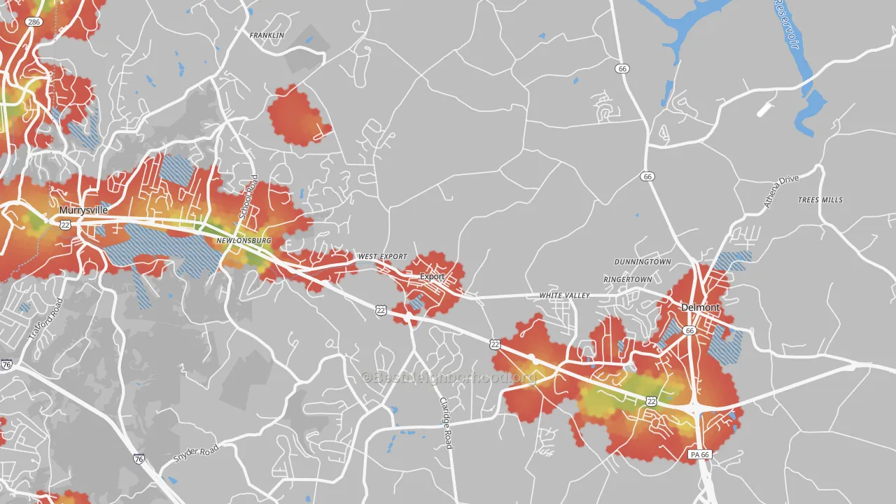 Walk Grade map of Export, PA, walkable areas in green and car-dependent areas in red