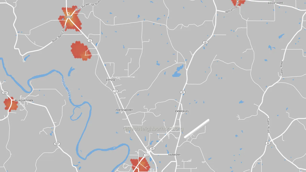 Walk Grade map of Expose, MS, walkable areas in green and car-dependent areas in red