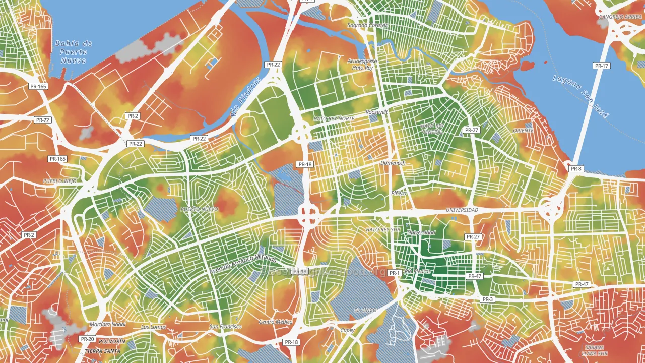 Walk Grade map of Extencion Roosevelt, San Juan, PR, walkable areas in green and car-dependent areas in red