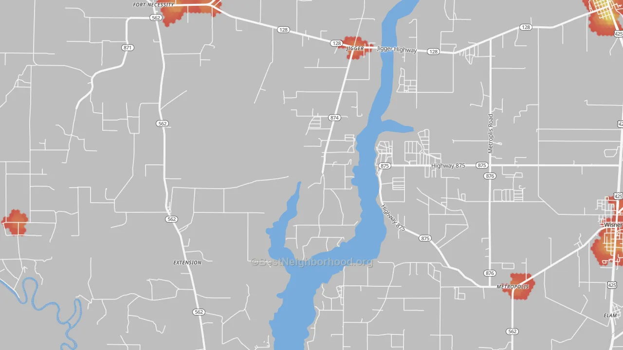 Walk Grade map of Extension, LA, walkable areas in green and car-dependent areas in red