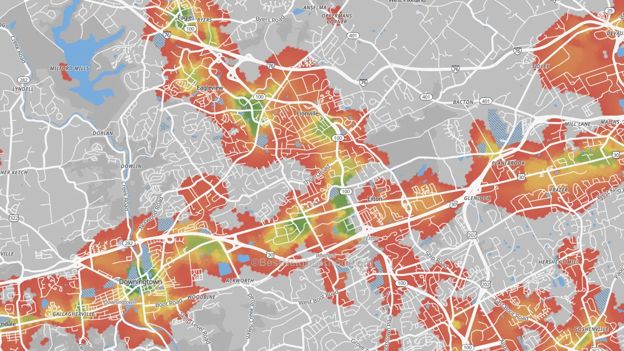 Walk Grade map of Exton, PA, walkable areas in green and car-dependent areas in red
