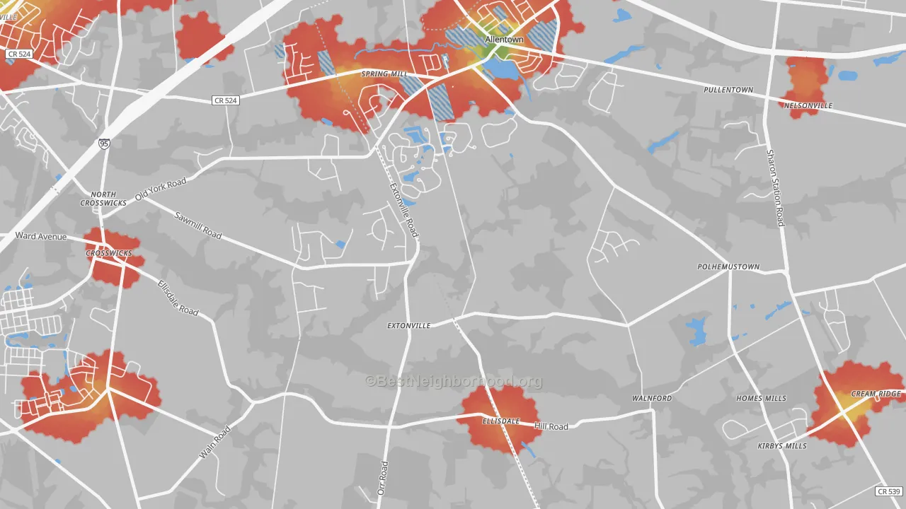 Walk Grade map of Extonville, NJ, walkable areas in green and car-dependent areas in red