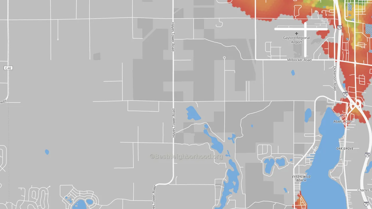 Walk Grade map of Eyedylwild Beach, MI, walkable areas in green and car-dependent areas in red