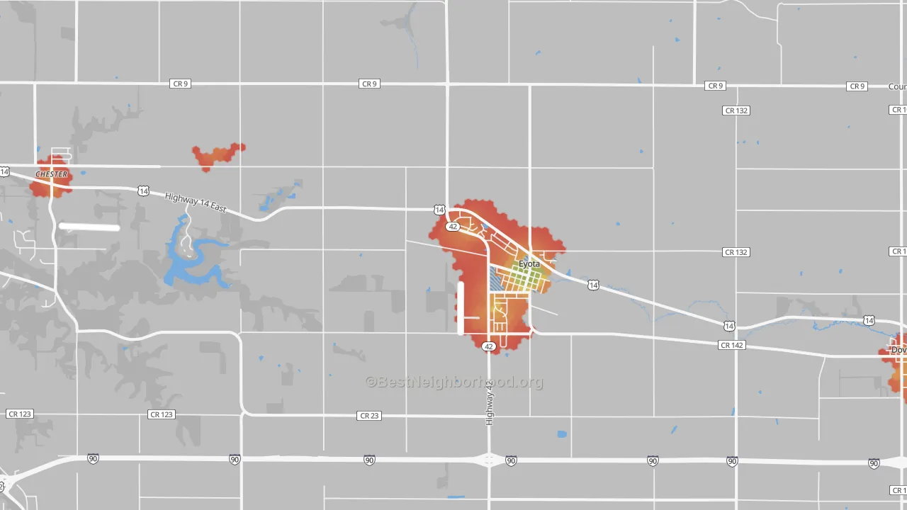 Walk Grade map of Eyota, MN, walkable areas in green and car-dependent areas in red