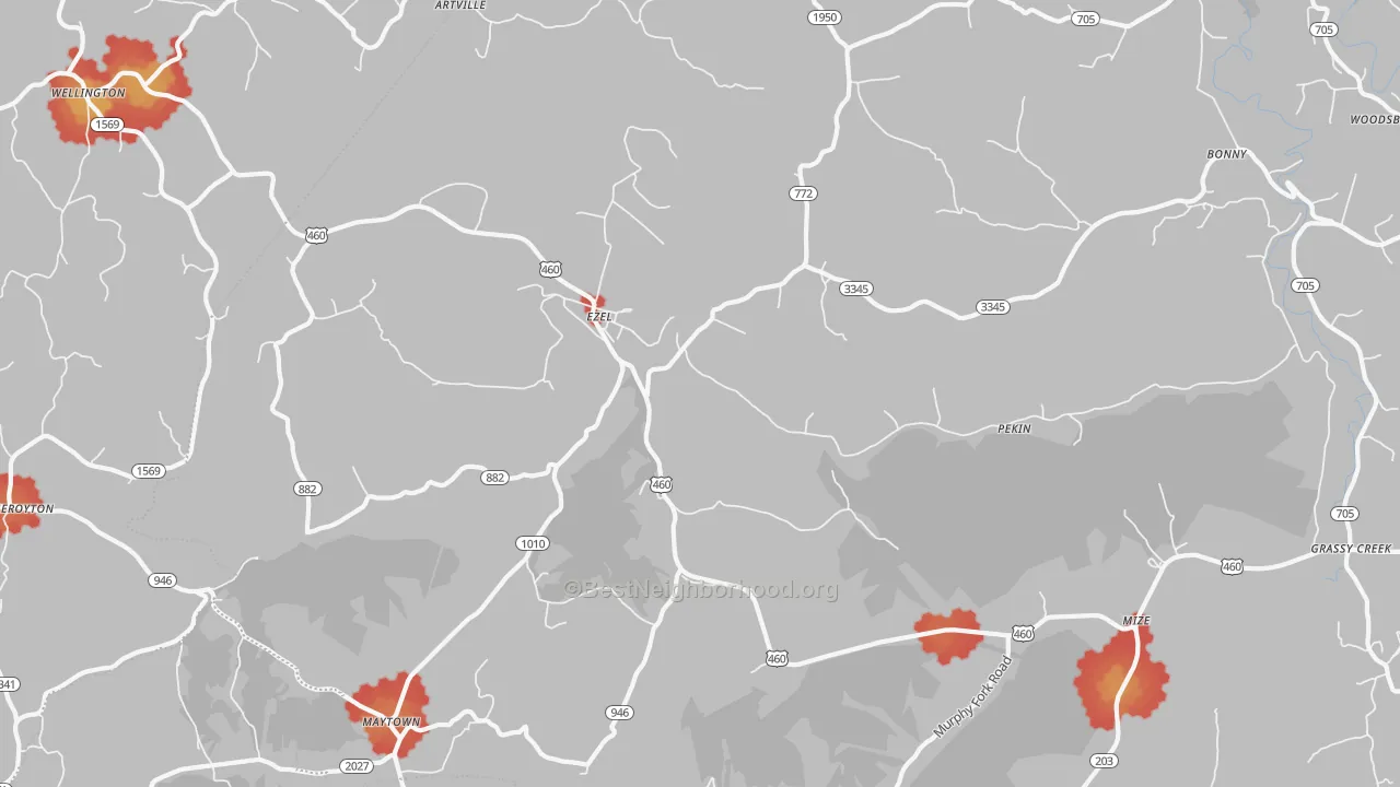 Walk Grade map of Ezel, KY, walkable areas in green and car-dependent areas in red