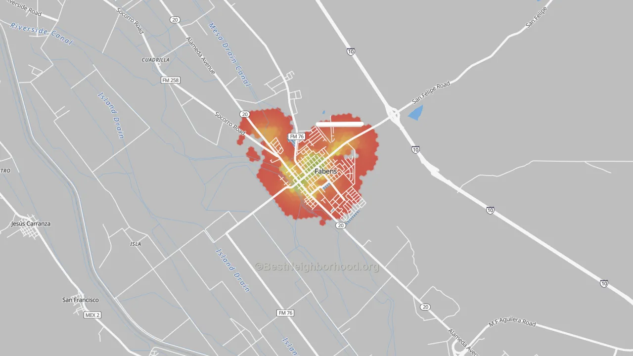 Walk Grade map of Fabens, TX, walkable areas in green and car-dependent areas in red