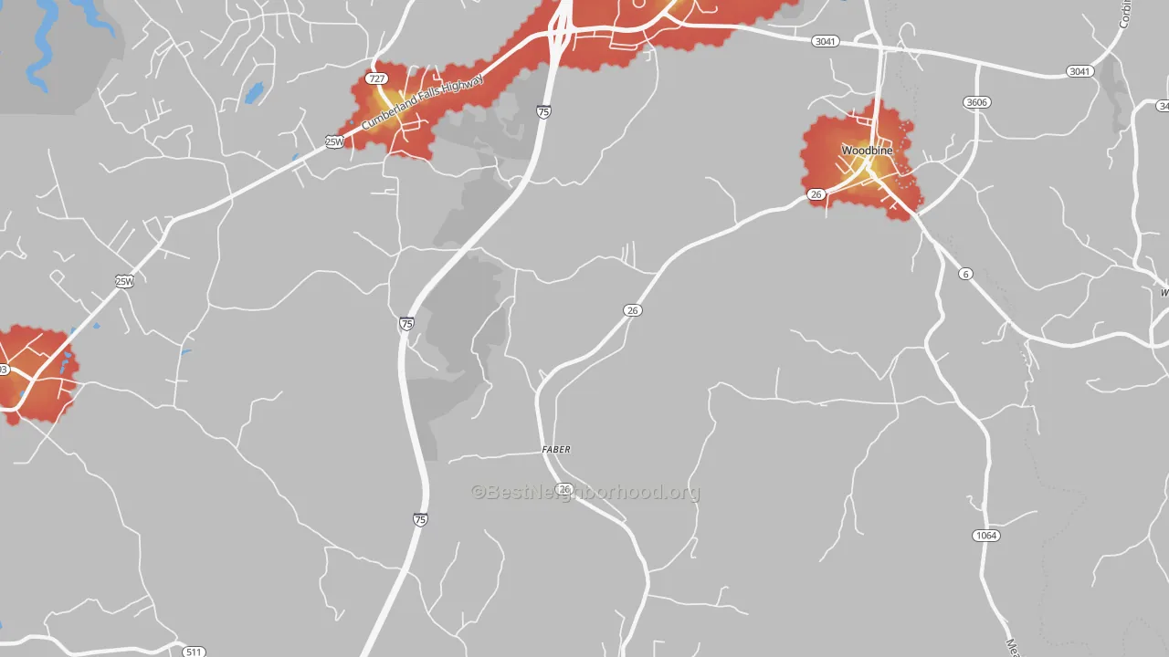Walk Grade map of Faber, KY, walkable areas in green and car-dependent areas in red