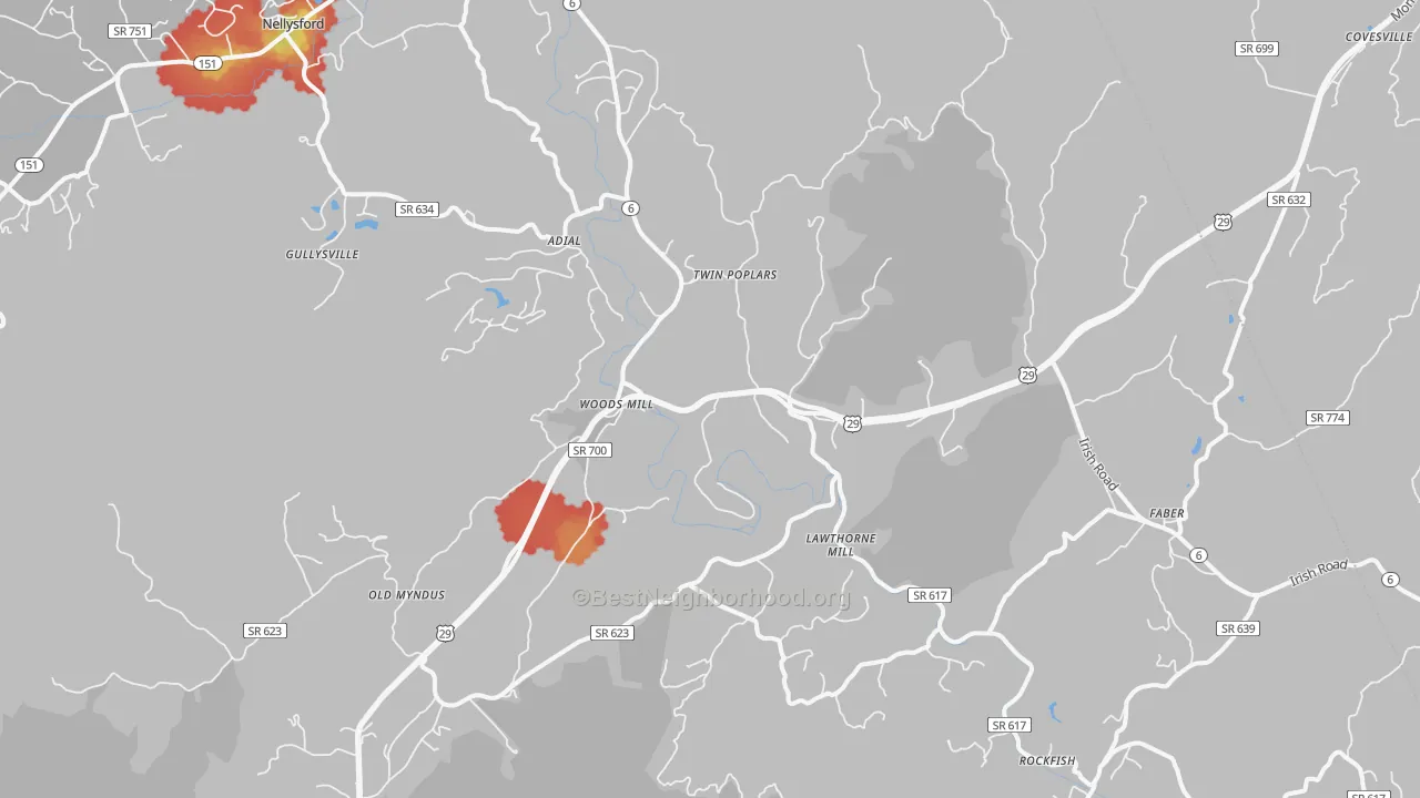 Walk Grade map of Faber, VA, walkable areas in green and car-dependent areas in red