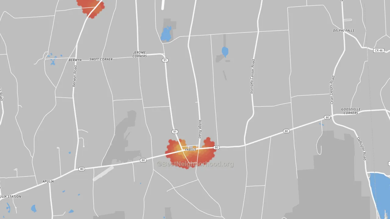 Walk Grade map of Fabius, NY, walkable areas in green and car-dependent areas in red