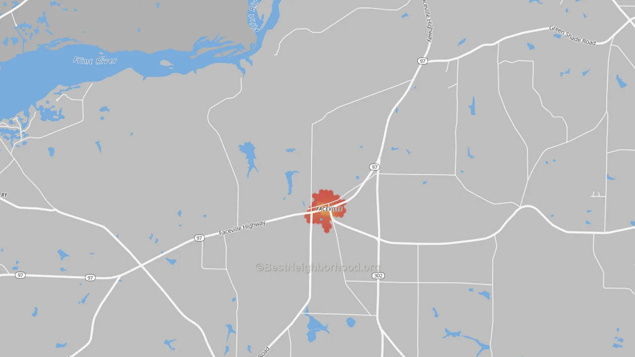 Walk Grade map of Faceville, GA, walkable areas in green and car-dependent areas in red
