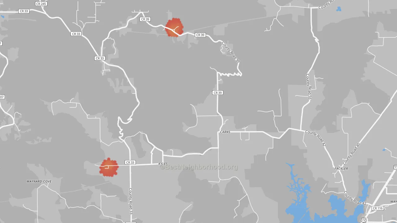 Walk Grade map of Fackler, AL, walkable areas in green and car-dependent areas in red