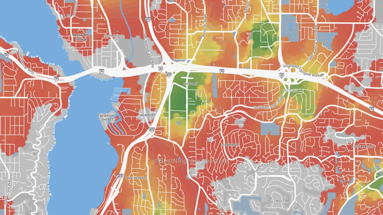 Walk Grade map of Factoria, Bellevue, WA, walkable areas in green and car-dependent areas in red