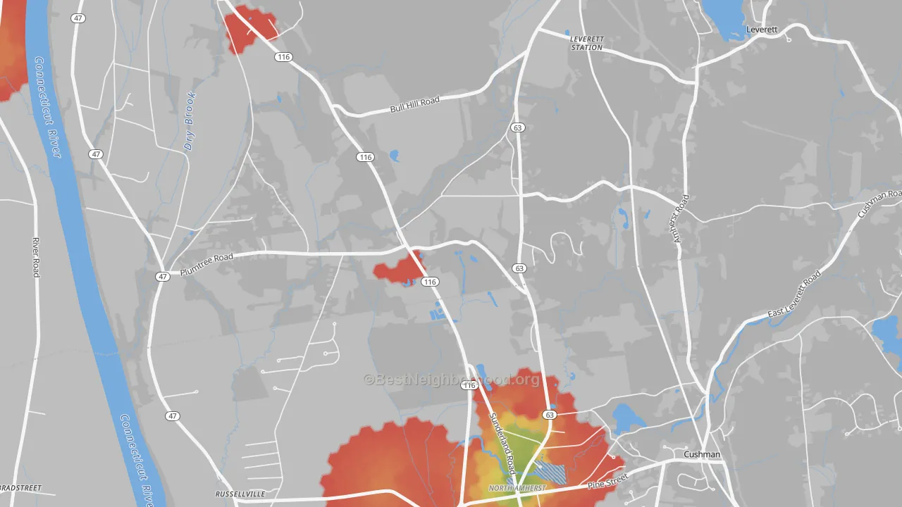 Walk Grade map of Factory Hollow, MA, walkable areas in green and car-dependent areas in red