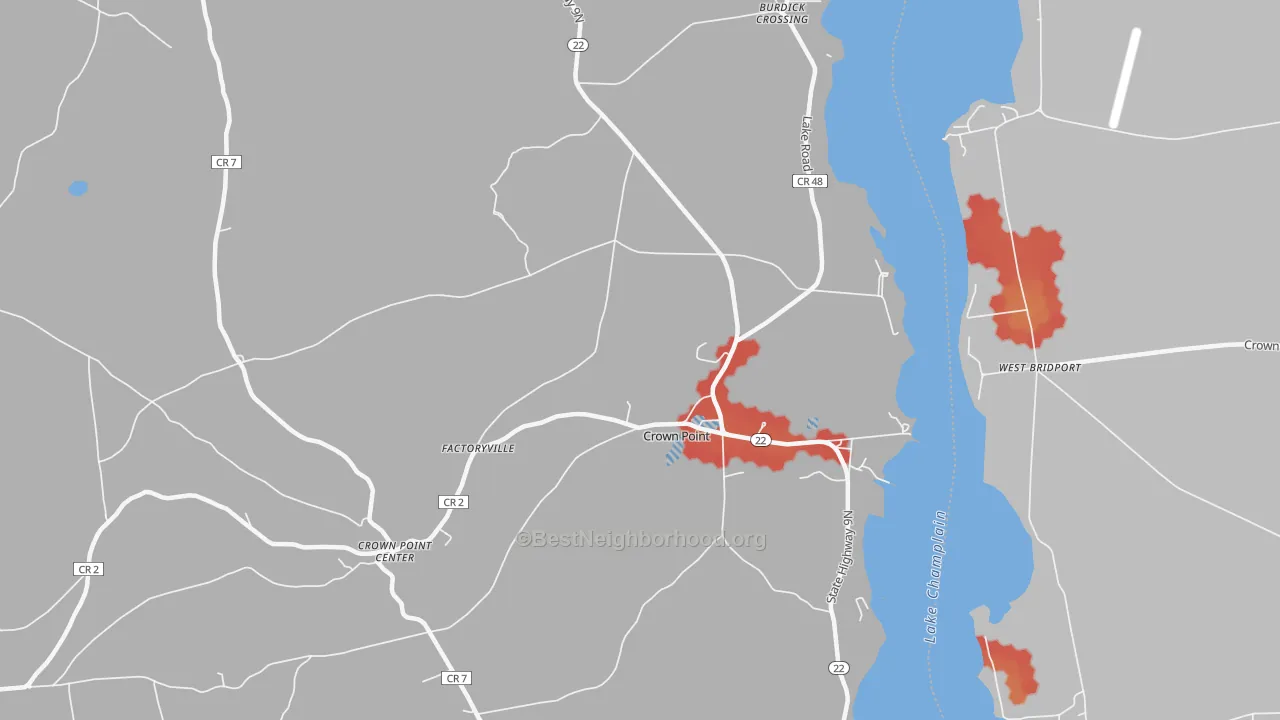 Walk Grade map of Factoryville, NY, walkable areas in green and car-dependent areas in red