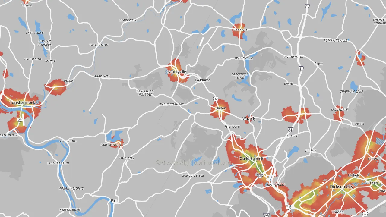 Walk Grade map of Factoryville, PA, walkable areas in green and car-dependent areas in red