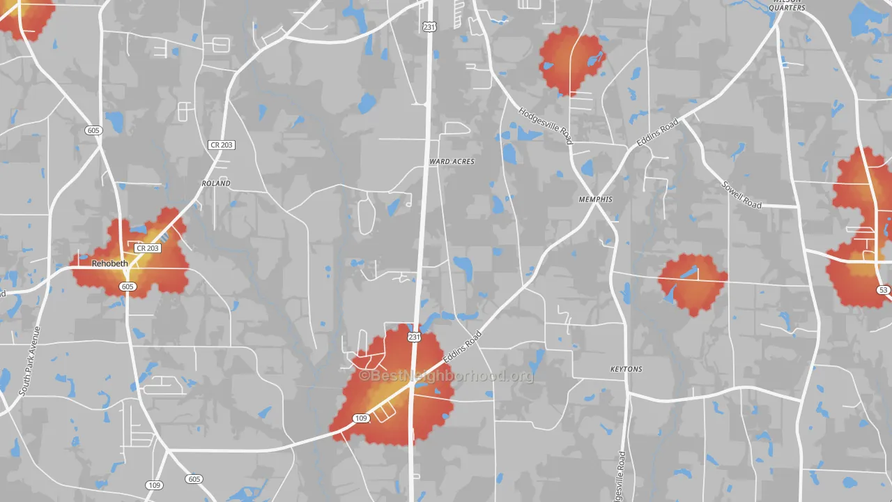 Walk Grade map of Fadette, AL, walkable areas in green and car-dependent areas in red