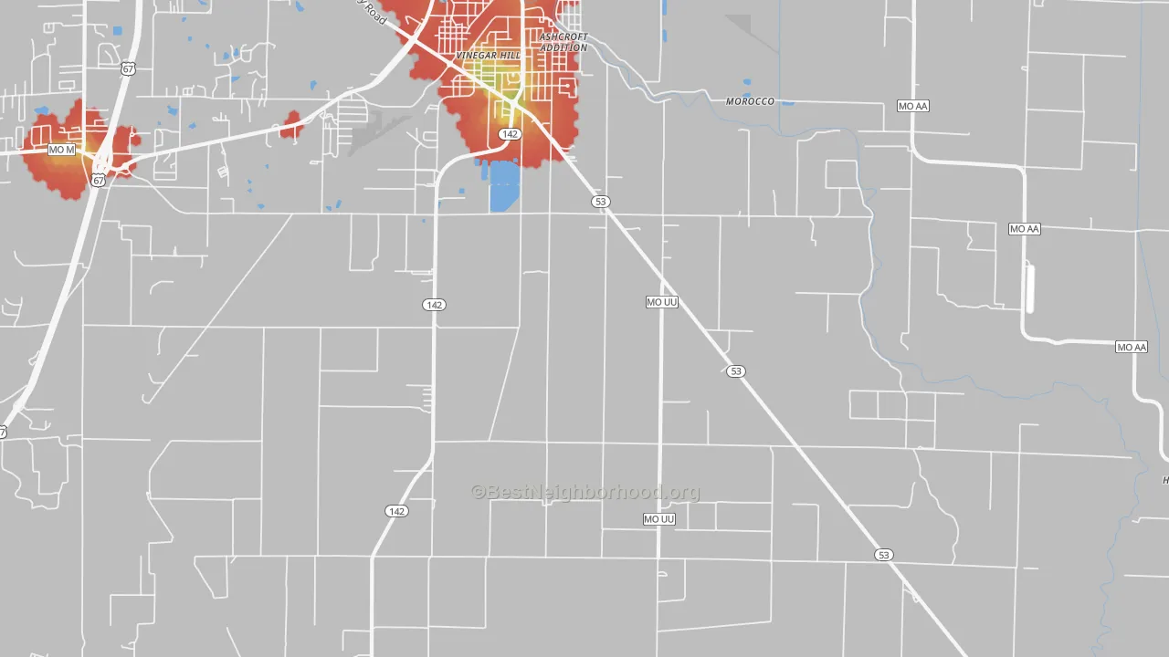 Walk Grade map of Fagus, MO, walkable areas in green and car-dependent areas in red
