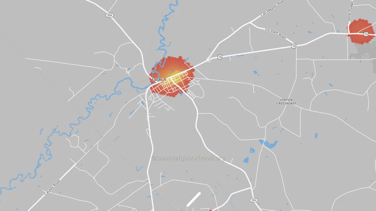 Walk Grade map of Fair Bluff, NC, walkable areas in green and car-dependent areas in red