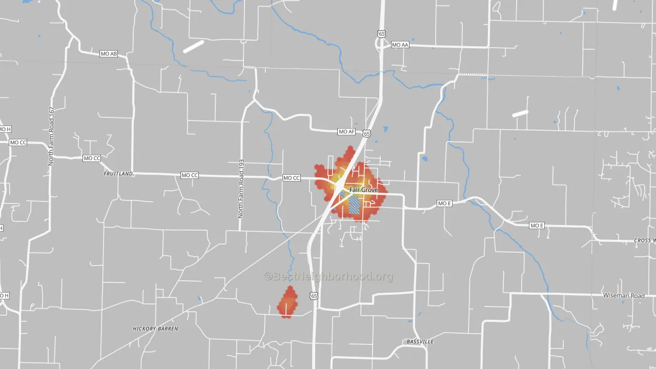 Walk Grade map of Fair Grove, MO, walkable areas in green and car-dependent areas in red