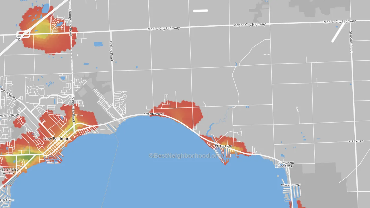 Walk Grade map of Fair Haven, MI, walkable areas in green and car-dependent areas in red