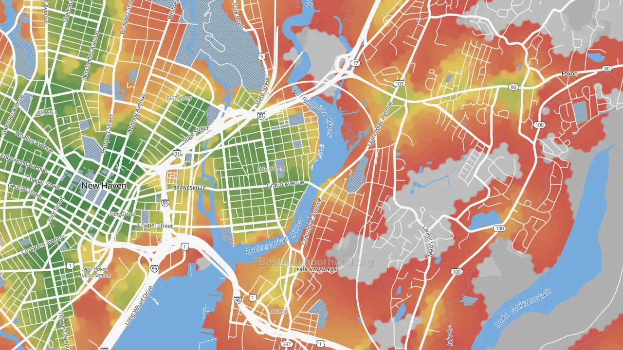 Walk Grade map of Fair Haven, New Haven, CT, walkable areas in green and car-dependent areas in red