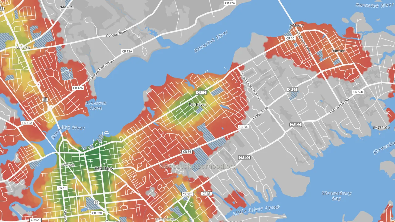 Walk Grade map of Fair Haven, NJ, walkable areas in green and car-dependent areas in red