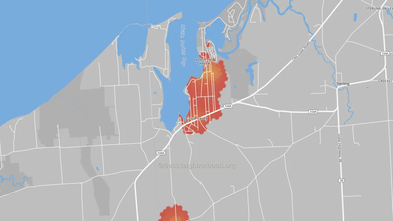 Walk Grade map of Fair Haven, NY, walkable areas in green and car-dependent areas in red